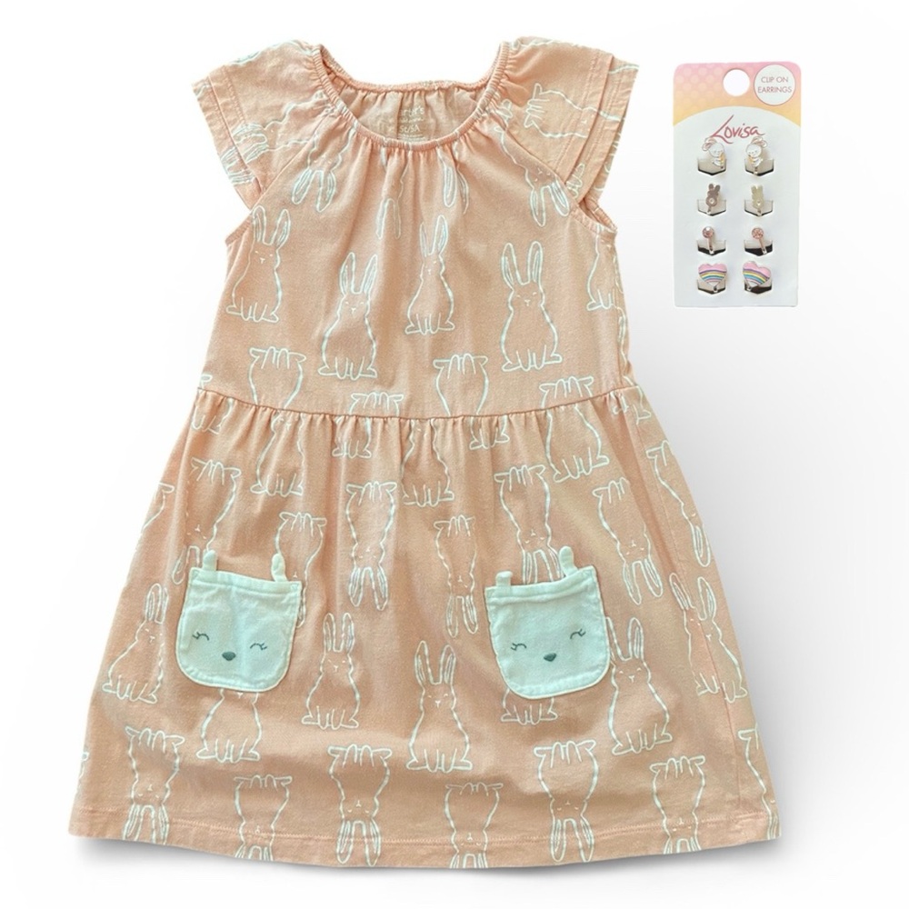 Bundle Carters Girls Dress 5T Peach & NEW Clip On Earrings Bunny Rabbit Easter